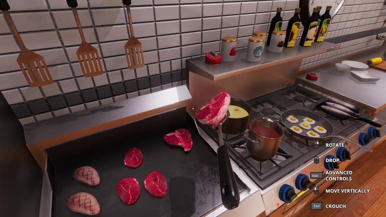 Steaks et œufs sur une plaque de cuisson dans Cooking Simulator