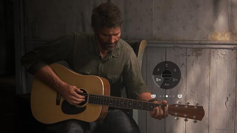 Capture officielle de The Last of Us Part II Remastered : Joel joue de la guitare, la roue des accords affichée à l'écran