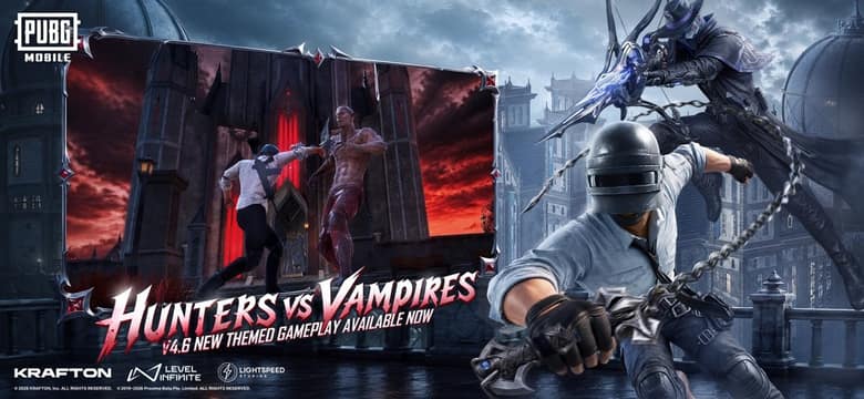 Visuel officiel du mode Hunters vs Vampires de PUBG Mobile, version 4.6, avec un joueur casqué au premier plan