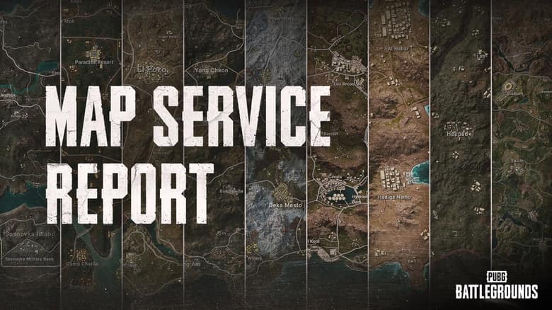 Visuel officiel « Map Service Report » de PUBG: BATTLEGROUNDS sur fond de carte vue du ciel