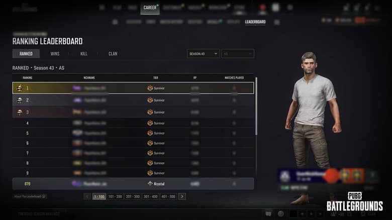 Capture officielle du classement de la partie classée de PUBG: BATTLEGROUNDS, avec la liste des meilleurs joueurs et un personnage à droite