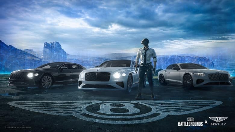 Visuel officiel de la collaboration PUBG x Bentley : un joueur casqué debout entre trois voitures Bentley