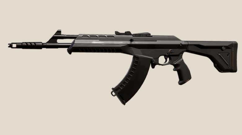 Rendu officiel du Vandal, fusil d'assaut de Valorant, de profil sur fond beige
