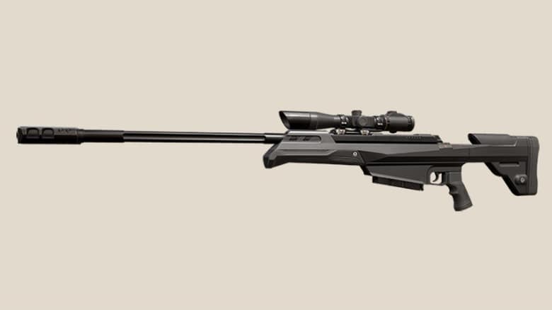 Rendu officiel de l'Operator, fusil à lunette de Valorant, de profil sur fond beige