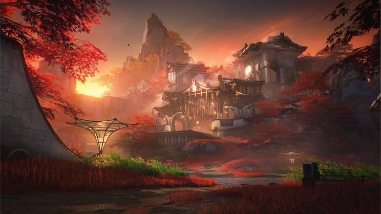 Paysage de Wuthering Waves au coucher du soleil : un temple aux toits recourbés entouré d'arbres aux feuilles rouges