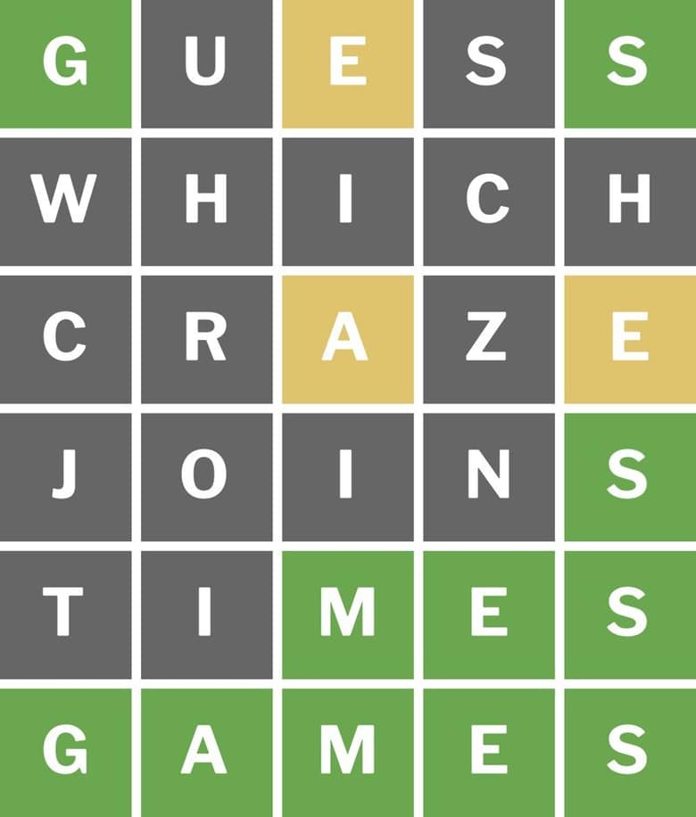 Grille de Wordle de six lignes : les cases vertes, jaunes et grises forment les mots « GUESS WHICH CRAZE JOINS TIMES GAMES »