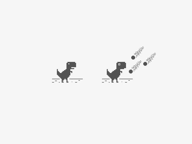 Deux premières esquisses du T-Rex en pixels de Chrome, en gris sur fond clair, la seconde sous une pluie de météorites