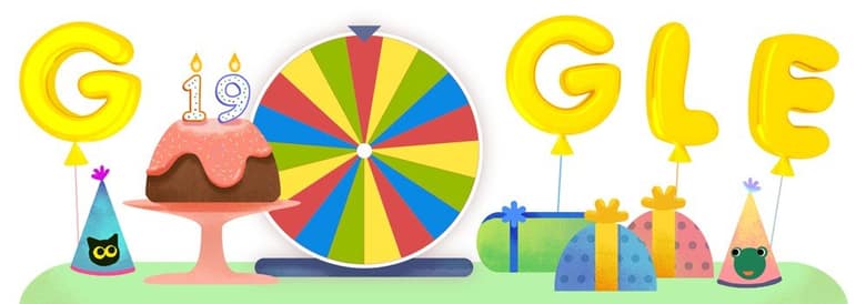 Doodle des 19 ans de Google : les lettres en ballons, un gâteau et une roue colorée