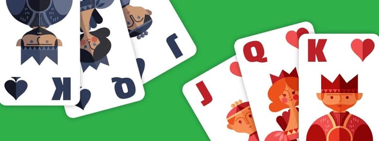 Cartes à jouer illustrées, roi et dame de cœur, sur fond vert
