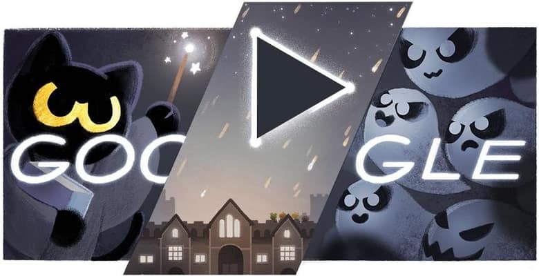 Doodle Halloween 2016 de Google : une chatte noire avec une baguette magique face à des fantômes, devant une école