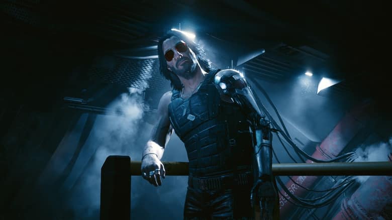 Johnny Silverhand, lunettes de soleil et bras mécanique, appuyé à une rambarde dans un décor sombre