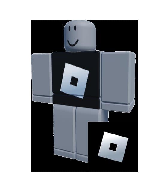 Avatar Roblox gris en forme de blocs portant un t-shirt noir avec le logo Roblox, et l'image carrée du t-shirt à côté