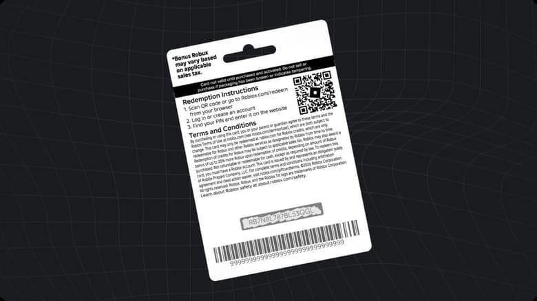 Dos d'une carte cadeau Roblox avec les instructions d'utilisation, un QR code et la zone du code PIN