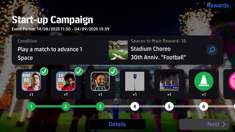 Écran du Centre de campagne d'eFootball avec une campagne de démarrage et ses récompenses case par case