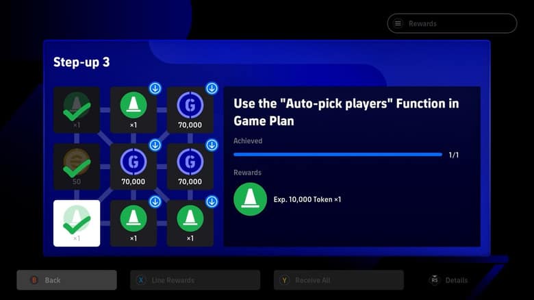 Plateau des Objectifs de ligne d'eFootball avec neuf cases de missions et leurs récompenses