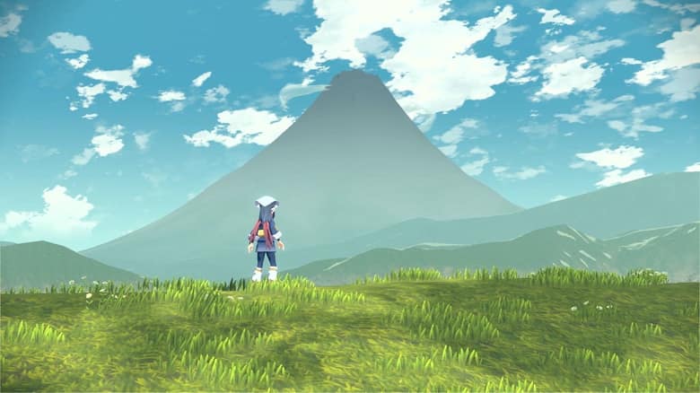 Le héros de Légendes Pokémon : Arceus face à une montagne dans les plaines de Hisui