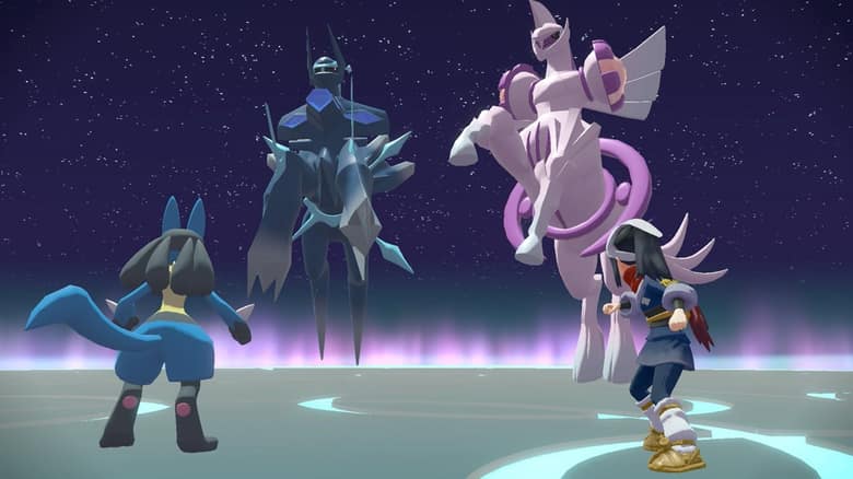 Dialga et Palkia en Forme Originelle face au héros et à son Lucario