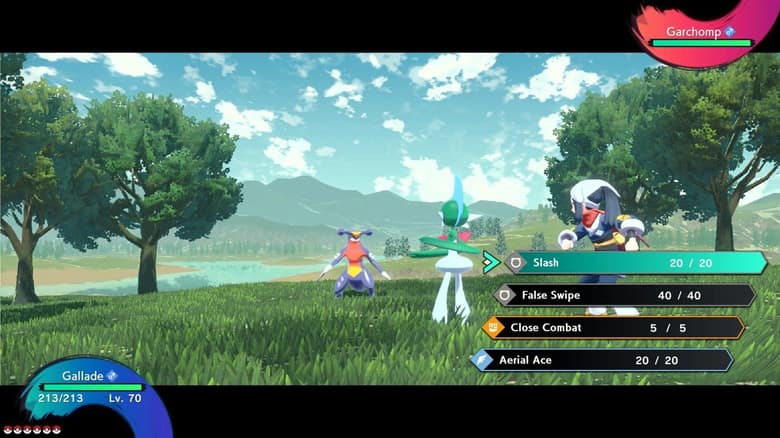 Combat entre Gallame et Carchacrok dans une prairie de Hisui