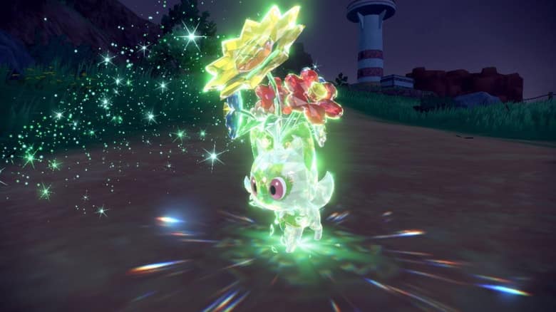 Un Pokémon en pleine Téracristallisation, entouré d'un éclat vert de cristaux