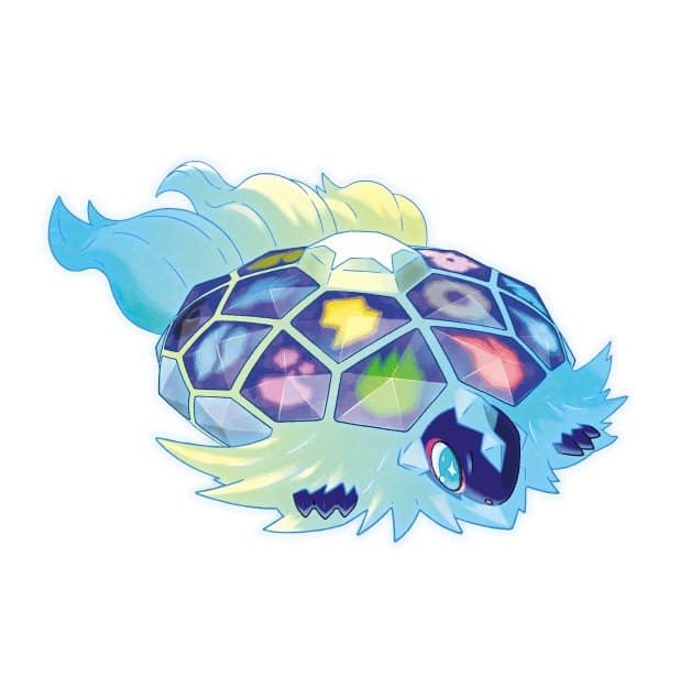 Illustration officielle de Terapagos, Pokémon légendaire à carapace de cristaux colorés