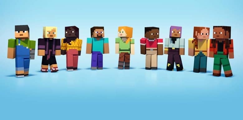 Les neuf skins par défaut de Minecraft côte à côte, dont Steve en tee-shirt cyan et, au centre, Alex aux cheveux orange