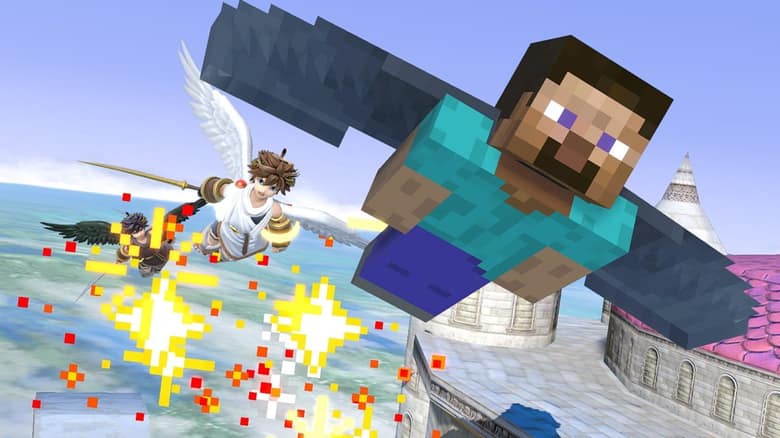 Steve vole avec des élytres au-dessus d'un château et affronte Pit dans Super Smash Bros. Ultimate
