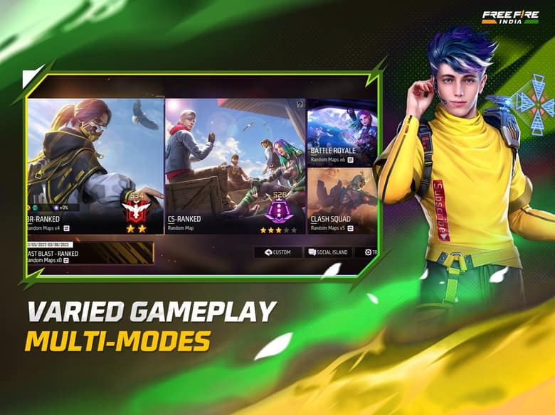 Écran du menu des modes de Free Fire India, avec un personnage aux cheveux bleus et le logo Free Fire India