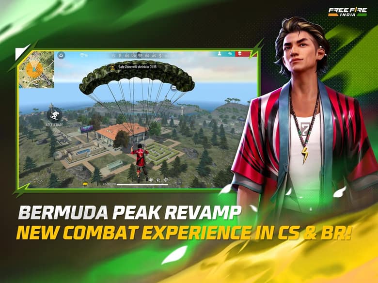 Capture de Free Fire India : un joueur descend en parachute au-dessus de Bermuda, à côté d'un personnage en veste rouge
