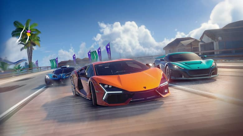 Une Lamborghini orange devance deux autres hypercars sur un ponton en bois bordé de palmiers