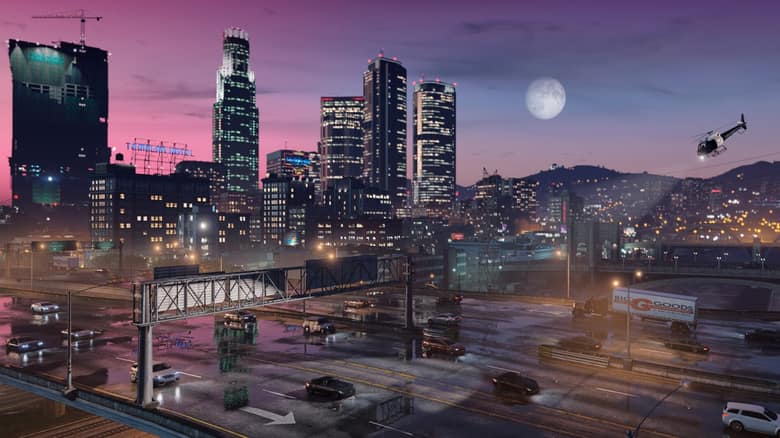 Los Santos au crépuscule, avec ses gratte-ciel et un hélicoptère, dans GTA V