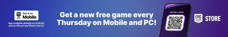 Bannière officielle d'Epic Games : « Get a new free game every Thursday on Mobile and PC », avec un code QR et le logo Epic Games Store