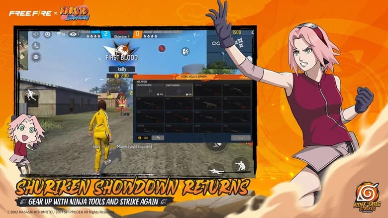 Capture officielle de Free Fire : le pseudo « kelly » s'affiche sous l'annonce « First Blood » et dans le fil des éliminations
