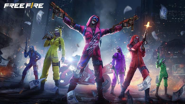 Visuel officiel de Free Fire : un groupe de six personnages masqués en combinaisons de couleur, armes à la main