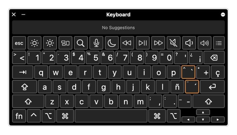 Visualiseur de clavier du Mac affichant la disposition espagnole, avec les touches mortes entourées en orange