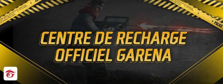 Bannière de Shop2Game sur fond jaune et noir : « Centre de recharge officiel Garena », avec le logo Garena