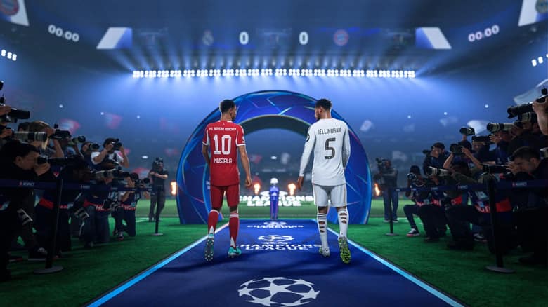 Jamal Musiala et Jude Bellingham marchent vers une arche aux couleurs de la Ligue des champions, entourés de photographes