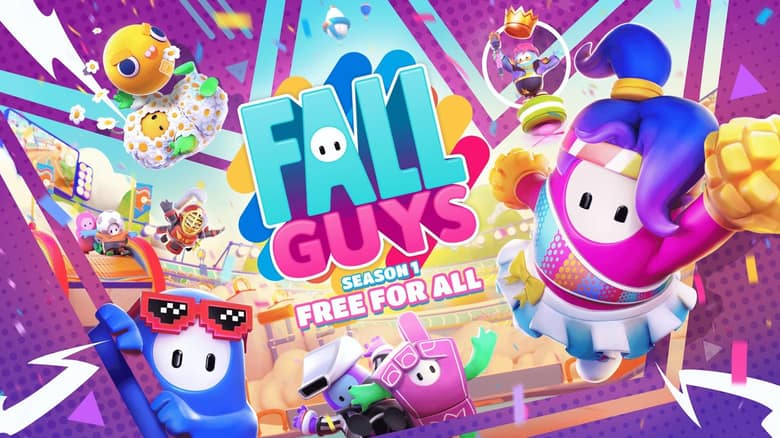 Affiche « Free for All » de Fall Guys : des haricots costumés autour du logo et de la mention Saison 1