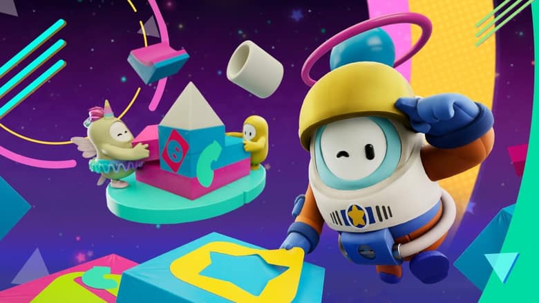Un haricot en costume d'astronaute salue devant des blocs de construction colorés