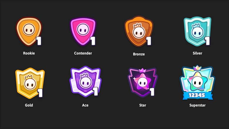 Les huit badges des Tournois classés de Fall Guys, de Débutant à Superstar