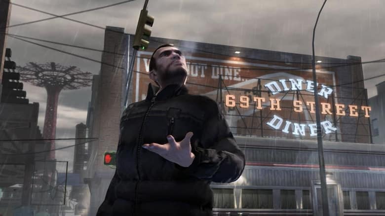 Niko Bellic sous un ciel gris devant l'enseigne du 69th Street Diner