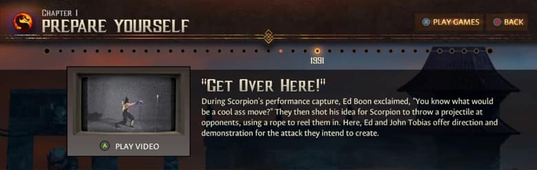 Interface du documentaire de Legacy Kollection : chapitre 1, une vidéo sur la création du coup « Get Over Here! » de Scorpion