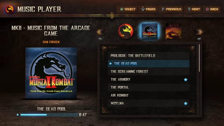 Le lecteur de musique de Legacy Kollection, avec la bande originale de Mortal Kombat II
