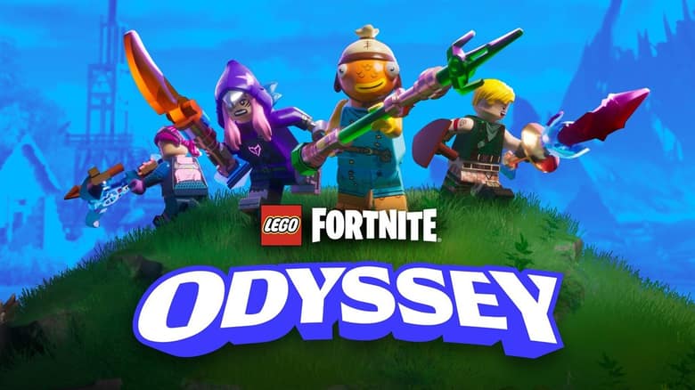 Personnages LEGO Fortnite armés d'outils au sommet d'une colline, sous le logo LEGO Fortnite Odyssey