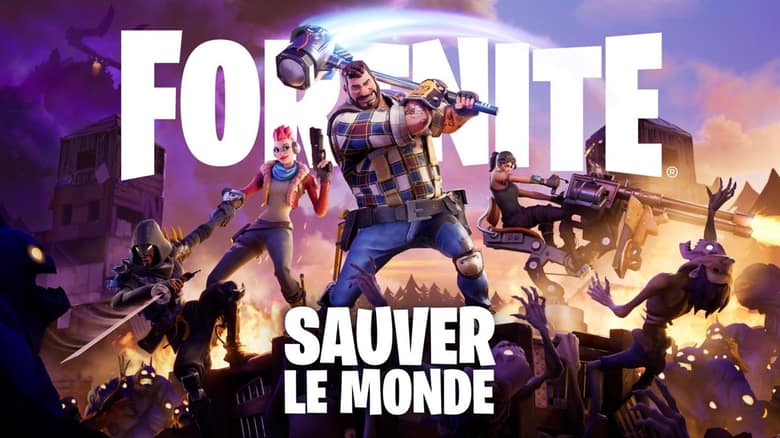 Un personnage de Fortnite lève un marteau devant ses coéquipiers face à des monstres, sous le logo Fortnite Sauver le monde