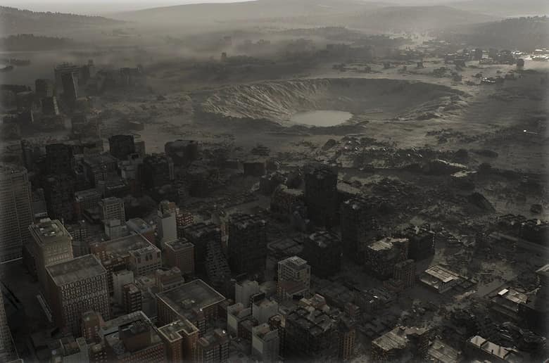 Vue aérienne d'une ville en ruine, avec un immense cratère au centre, dans Resident Evil Requiem