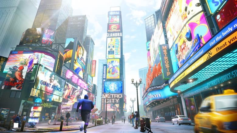 Une avenue de Metro City couverte d'écrans géants, avec des taxis jaunes et un avatar qui court, dans le mode World Tour de Street Fighter 6