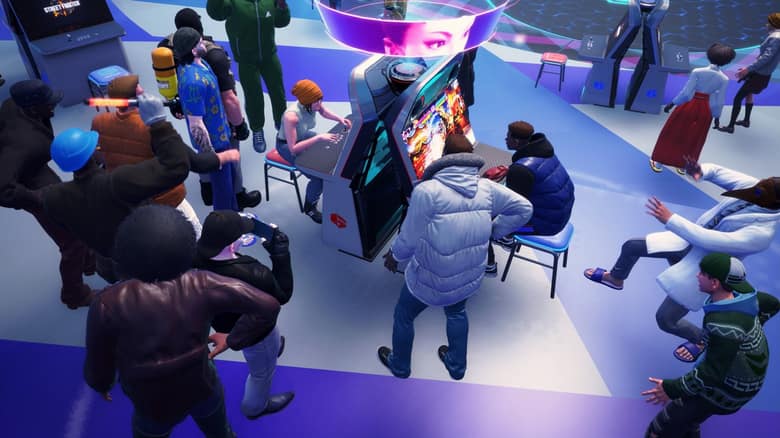 Des avatars de joueurs réunis autour de bornes d'arcade dans le Battle Hub de Street Fighter 6