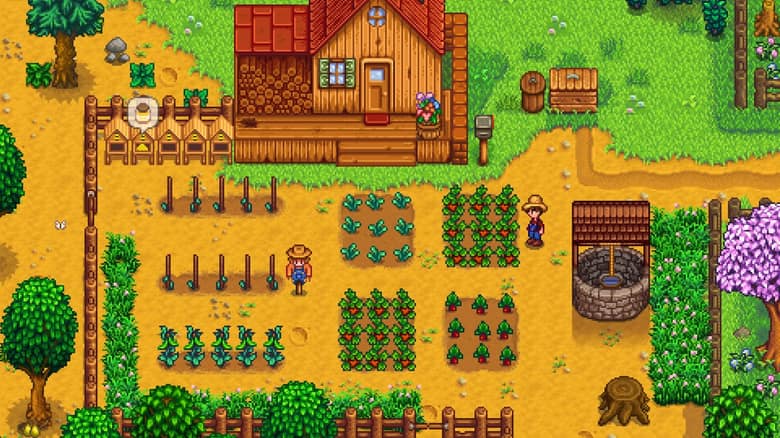 Une petite ferme au printemps, avec une maison en bois, un puits et des rangées de jeunes cultures