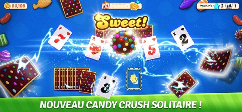 Écran de Candy Crush Solitaire : une bombe de couleur fait voler des cartes autour d'une pile, avec le titre « Nouveau Candy Crush Solitaire ! »