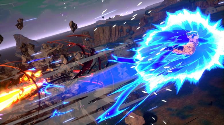 Combat de Dragon Ball: Sparking! Zero : un combattant entouré d'une aura bleue fonce au milieu de rochers qui volent en éclats